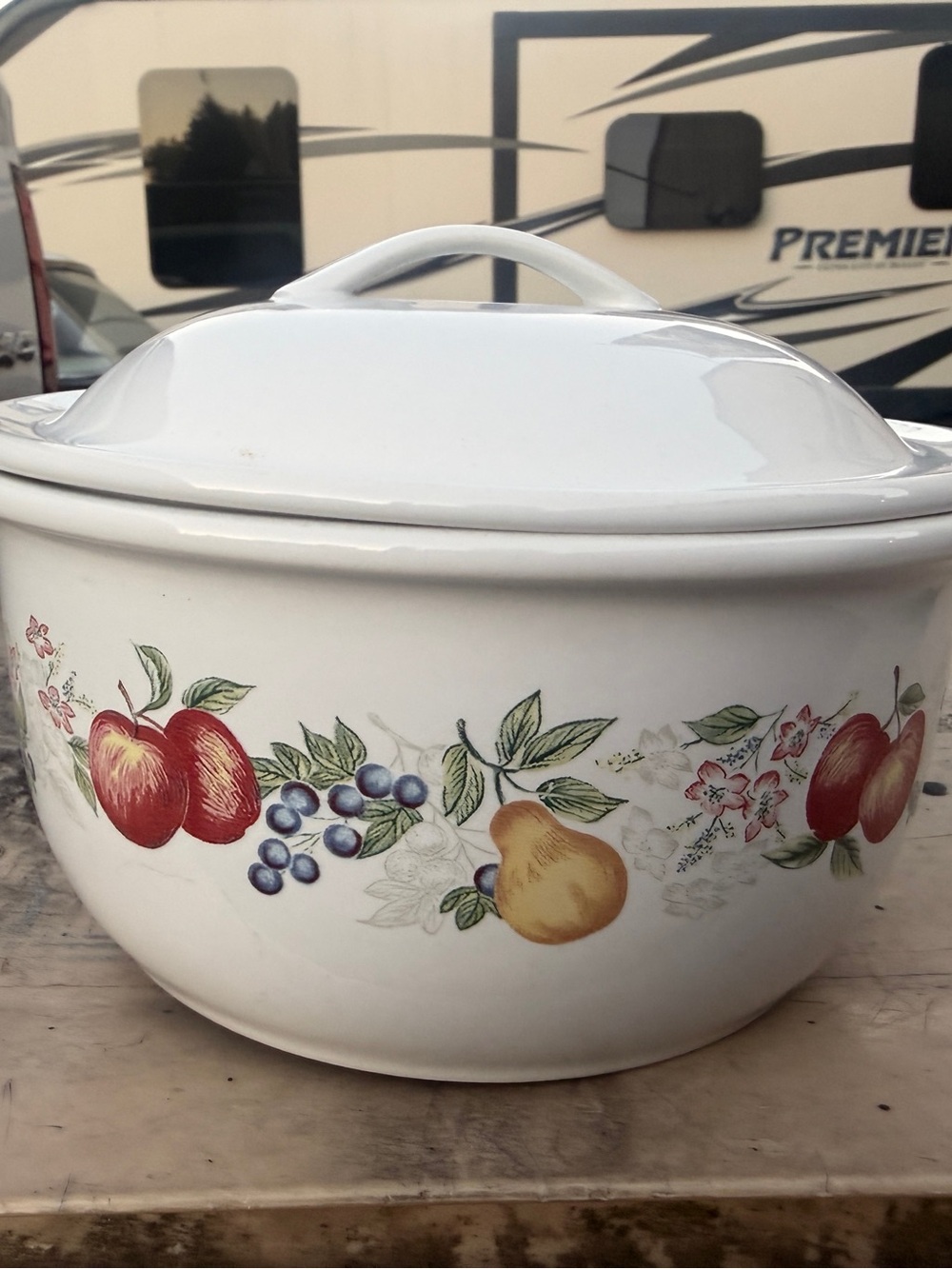 Corelle White Covered Casserole with Red Apples, Blue Grapes and Yellow Pear